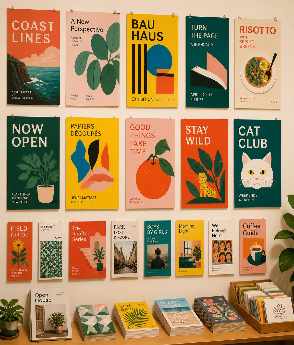 A wall of freshly printed color posters and brochures pinned in a grid on a warm cream studio wall.