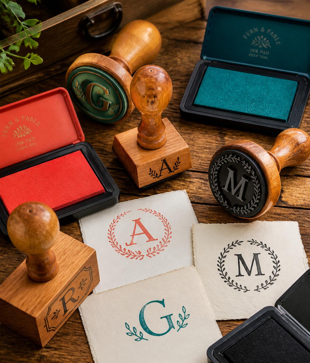 Custom wooden-handled rubber stamps with coral and teal ink pads on a wooden workbench.