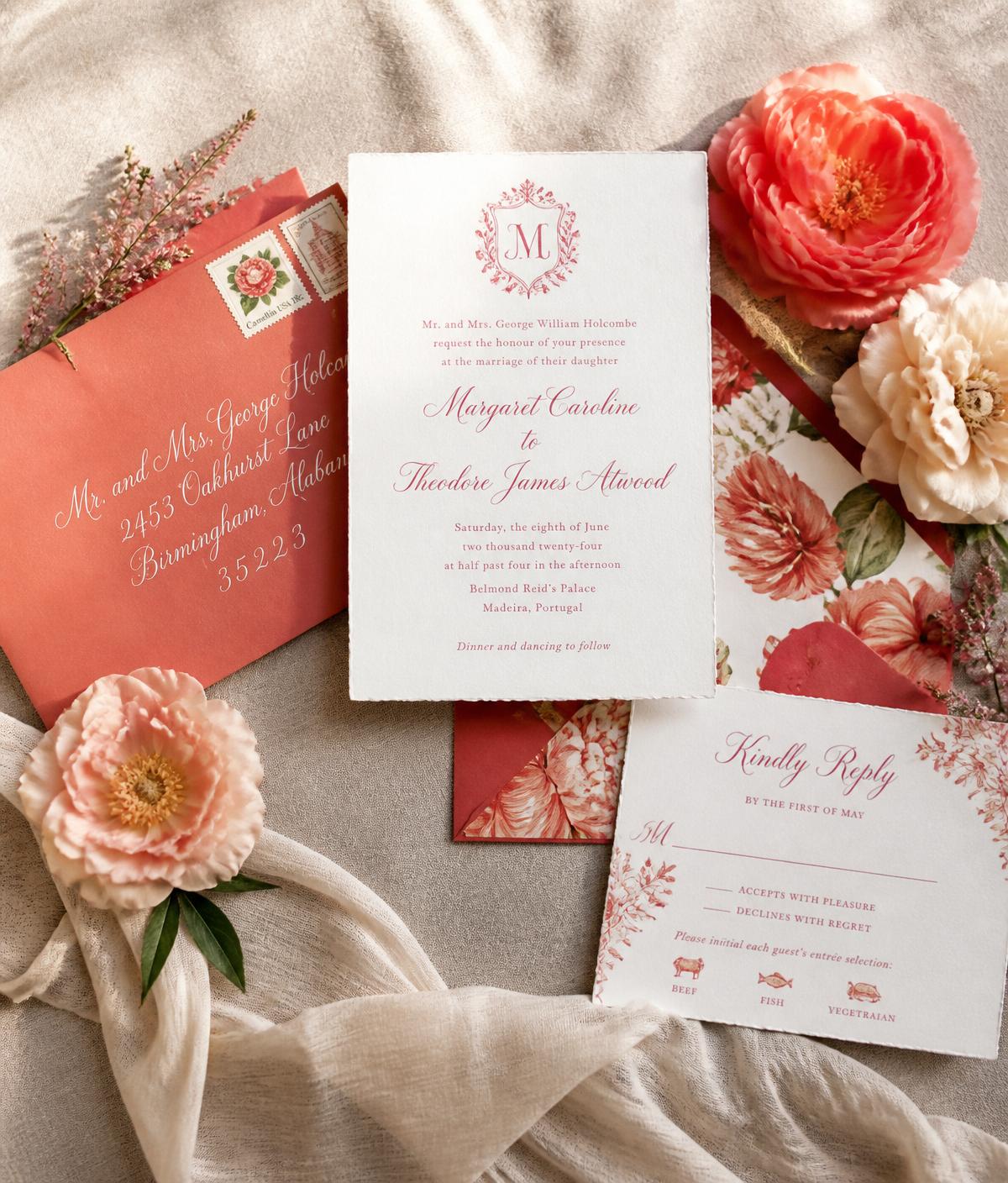 A wedding invitation suite with envelope, RSVP card, and floral botanical prints on warm cream linen.